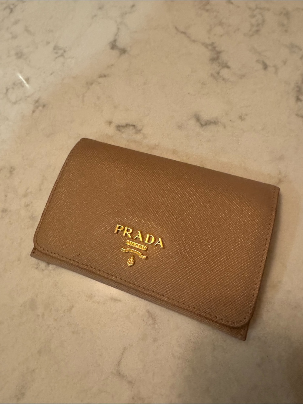 Prada Beige Saffiano Leather Card Wallet with Gold Logo